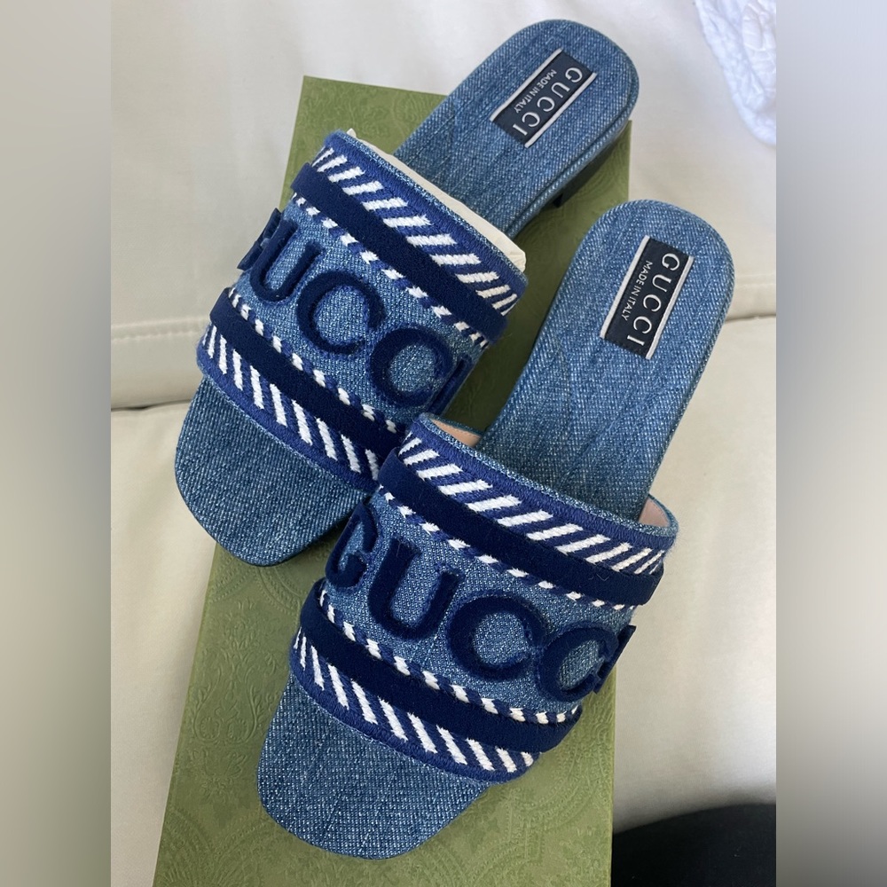 Gucci Jane Logo Denim Slide Sandals